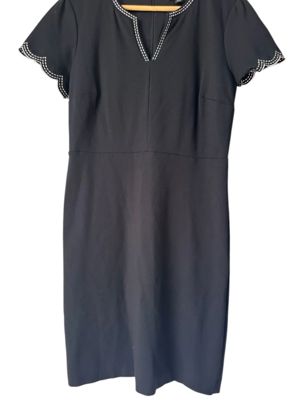 Ann Taylor Black Midi Dress with White Trim Scalloped Sleeves, 8
